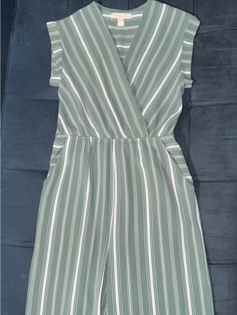Girls green and white striped jumpsuit with pockets